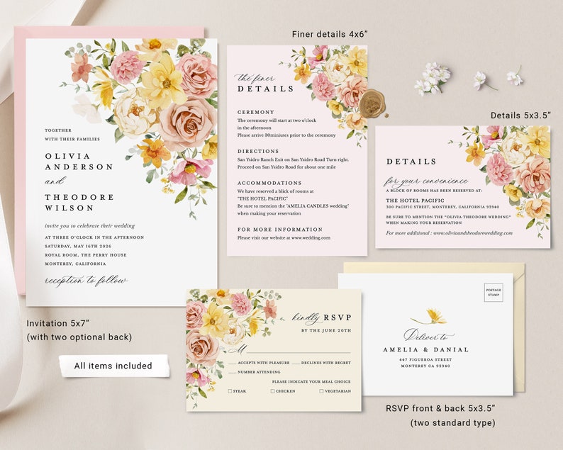Pode incluir: Um conjunto de convites de casamento com um design floral. O convite apresenta um padr&atilde;o floral rosa e amarelo com o texto "Juntos com suas fam&iacute;lias Olivia Anderson e Theodore Wilson convidam voc&ecirc; a celebrar seu casamento &agrave;s tr&ecirc;s da tarde de s&aacute;bado, 14 de maio de 2024 Royal Room, The Ferry House Monterey, Calif&oacute;rnia recep&ccedil;&atilde;o a seguir". O cart&atilde;o RSVP apresenta um design floral com o texto "Por favor, responda at&eacute; 30 de junho". O cart&atilde;o de detalhes apresenta um design floral com o texto "Os detalhes mais finos Cerim&ocirc;nia A cerim&ocirc;nia come&ccedil;ar&aacute; &agrave;s duas da tarde Por favor, chegue 30 minutos antes da cerim&ocirc;nia Instru&ccedil;&otilde;es Continue na San Ysidro Road por aproximadamente uma milha, vire &agrave; direita na Valdez Road &agrave; sua direita Acomoda&ccedil;&otilde;es Reservamos um bloco de quartos no Hotel Pacific 100 Pacific Street, Monterey, Calif&oacute;rnia 93940 Certifique-se de mencionar o "casamento Amelia Candles" ao fazer sua reserva Para obter mais informa&ccedil;&otilde;es Visite nosso site em www.oliviaandtheodorewedding.com Detalhes para sua conveni&ecirc;ncia Um bloco de quartos foi reservado no Hotel Pacific 100 Pacific Street, Monterey, Calif&oacute;rnia 93940 Certifique-se de mencionar o "casamento Olivia Theodore" ao fazer sua reserva Para obter mais informa&ccedil;&otilde;es adicionais: www.oliviaandtheodorewedding.com".