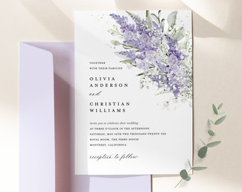 Lavender Wedding Invitation Template, Lilac Boho Floral Wedding Invites, Printable Elegant Sage Greenery Wedding Invitations, Download