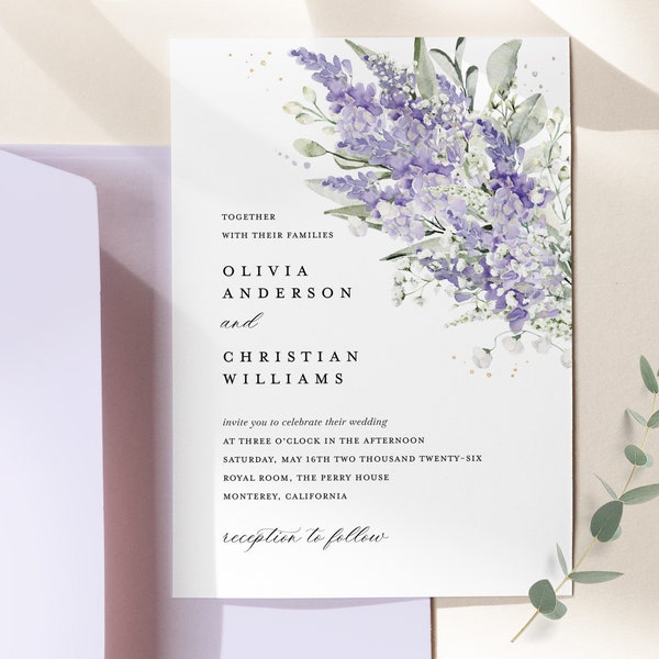 Lavender Wedding Invitation Template, Lilac Boho Floral Wedding Invites, Printable Elegant Sage Greenery Wedding Invitations, Download