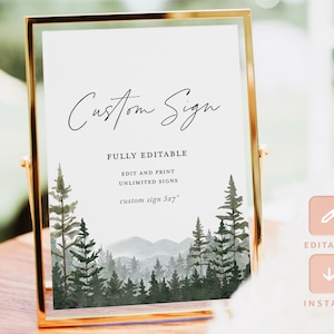 Modello di cartello per matrimonio personalizzato in montagna, cartello per decorazioni per il tavolo di ricevimento della foresta boschiva, poster di cartello in salvia rustica di pino stampabile modificabile, download
