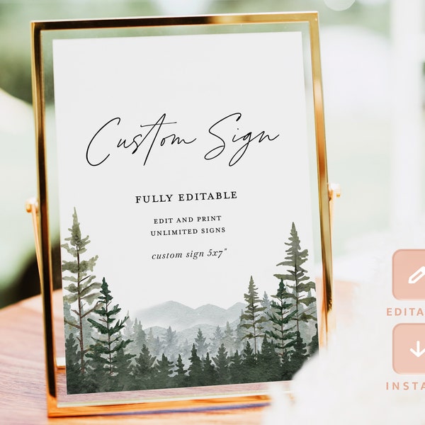 Mountain Custom Wedding Sign Template, Woodland Forest Reception Table Decor Sign, Editable Printable Pine Rustic Sage Sign Poster, Download