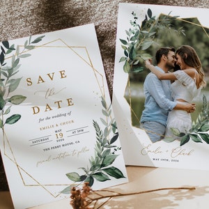 Sage Greenery Guardar la plantilla de tarjetas de fecha, Boda botánica fotográfica Guardar las fechas, Elegante oro rústico Boho Guardar las tarjetas de fecha, Descargar