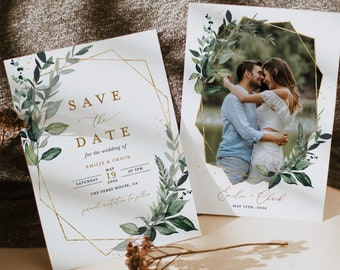 Sage Greenery Save The Date Cards Template, Photo Botanical Wedding Save The Dates, Elegant Gold Rustic Boho Save The Date Cards, Download
