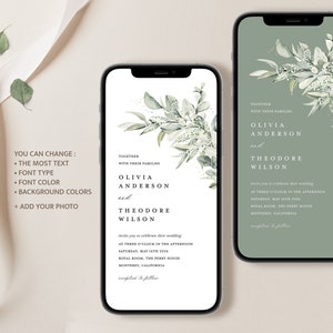 Invitación mínima electrónica, Sage Green Boho Evite, plantilla de invitación de iPhone de boda de eucalipto, invitación editable de teléfono inteligente digital, Cloe imagen 4