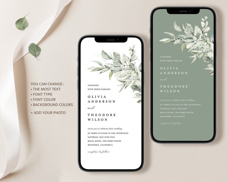 Invitación mínima electrónica, Sage Green Boho Evite, plantilla de invitación de iPhone de boda de eucalipto, invitación editable de teléfono inteligente digital, Cloe imagen 4