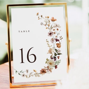 Boho Terracotta Wedding Table Numbers Card Template, Wildflower Table Numbers, Elegant Burnt Orange Floral Printable Table Number Cards