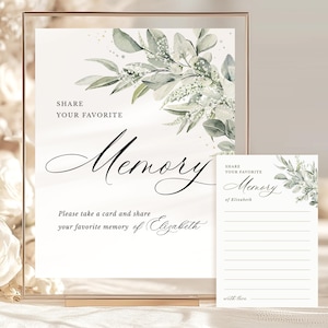 Sage Greenery Share a Memory Sign and Cards Template, Favorite Memory Table Sign Card, Celebration Guest Book Alternative (Instant Download)