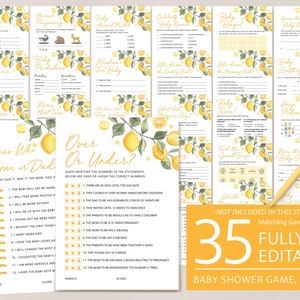 Baby Shower Games Set, Printable Lemon Citrus Baby Shower, Editable Sweet Little One Yellow Shower Game Bundle Pack Template, Download