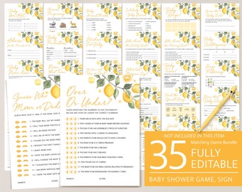 Baby Shower Games Set, Printable Lemon Citrus Baby Shower, Editable Sweet Little One Yellow Shower Game Bundle Pack Template, Download