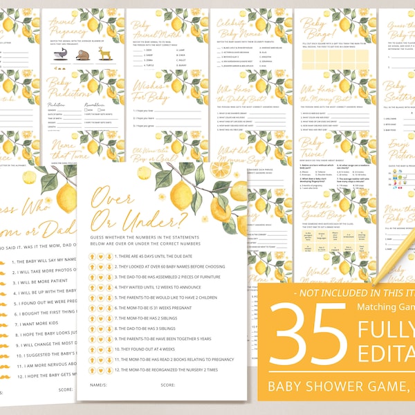Baby Shower Games Set, Printable Lemon Citrus Baby Shower, Editable Sweet Little One Yellow Shower Game Bundle Pack Template, Download