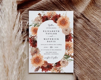 Terracotta Floral Wedding Invitation Template, Boho Burnt Orange Wedding Invites, Printable Elegant Garden Beige Wedding Invitation Download