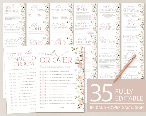 Bridal Shower Games, Printable Floral Blush Bridal Shower, Minimal Editable Shower Game Template, Boho Games Pack, Instant Download, Leah