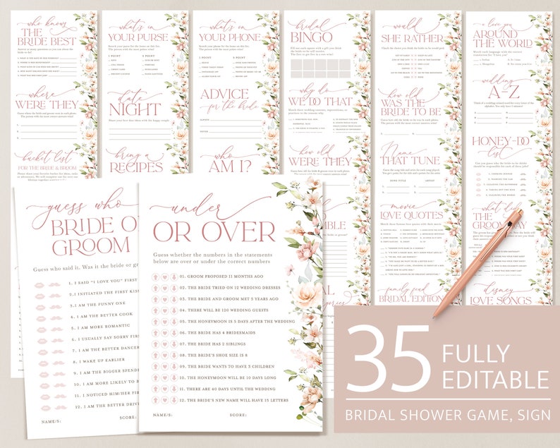 Bridal Shower Games, Printable Floral Blush Bridal Shower, Minimal Editable Shower Game Template, Boho Games Pack, Instant Download, Leah image 1