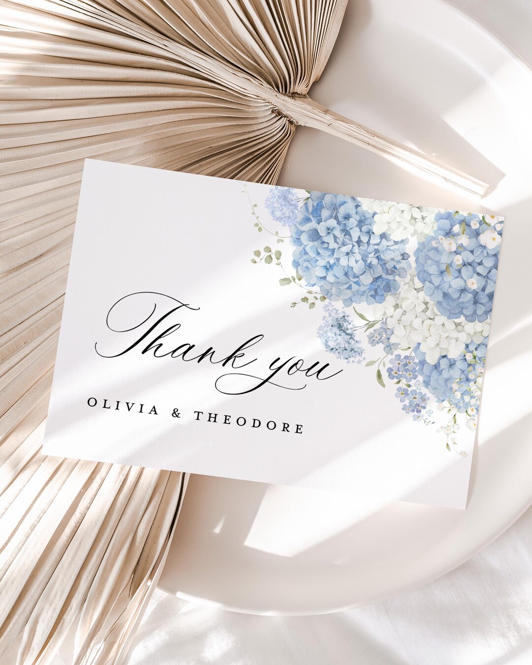 Dusty Blue White Hydrangea Wedding Thank You Card, Floral Elegant Thank ...