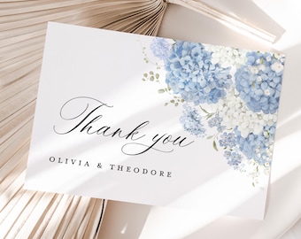 Dusty Blue White Hydrangea Wedding Thank You Card, Floral Elegant Thank You Cards Template (Instant Download)