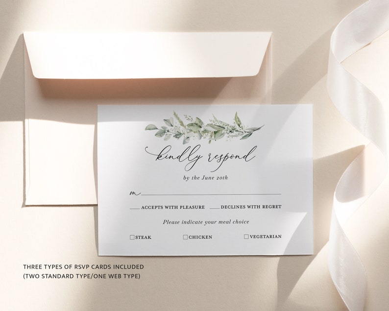 Sage Boho Wedding Invitation Template, Greenery Wedding Invite Set, Elegant Eucalyptus Minimalist Editable Details Card, Printable RSVP image 4