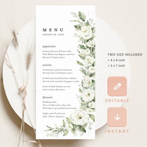 Plantilla de tarjetas de menú de boda floral blanco, menú de recepción Boho Sage, menú de cena de jardín de flores verde elegante imprimible, descarga instantánea