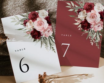 Burgundy Blush Pink Wedding Table Numbers Card Template, Boho Sage Marsala Maroon Floral Rose Printable Table Number Cards, Download
