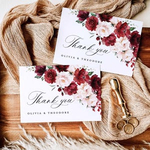 Modèle de carte de remerciement pour mariage bordeaux, mot de remerciement bohème rose blush, élégant marque de table de remerciement floral rouge marsala rose rose, téléchargement