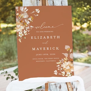 Terracotta Wedding Welcome Sign Template, Boho Floral Burnt Orange Reception Decor Sign, Printable Brown Elegant Large Signage, Download