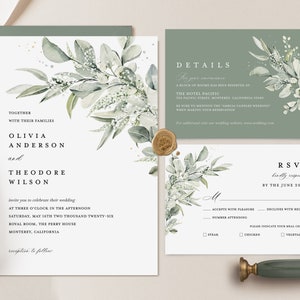 Sage Green Minimalist Wedding Invitation Template, Eucalyptus Wedding Invite Set, Elegant Boho Greenery Details Card, Printable RSVP, Cloe