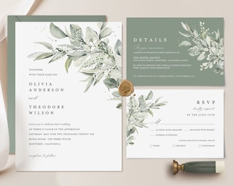 Sage Green Minimalist Wedding Invitation Template, Eucalyptus Wedding Invite Set, Elegant Boho Greenery Details Card, Printable RSVP, Cloe