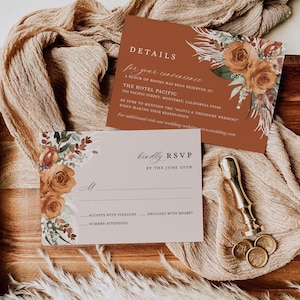 Terracotta Wedding Invitation Template Set, Boho Floral Wedding Invite Suite, Modern Burnt Orange Rose Elegant Details, Pampas RSVP image 3