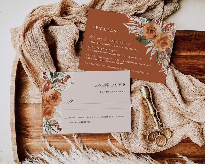 Terracotta Wedding Invitation Template Set, Boho Floral Wedding Invite Suite, Modern Burnt Orange Rose Elegant Details, Pampas RSVP image 3