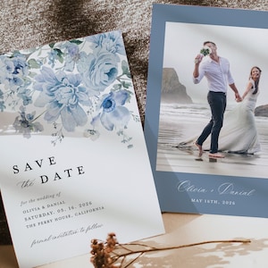 Modèle de cartes « Retenez cette date » bleu poussiéreux, réservez des dates pour mariage floral bleu acier, élégant jardin bleu clair, réservez une date, téléchargement