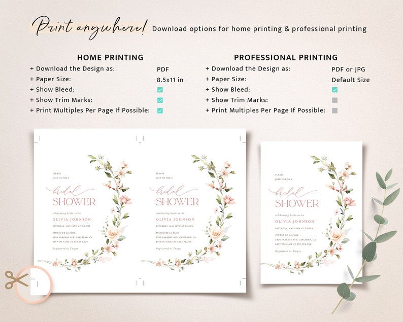 May include: A printable bridal shower invitation with a floral wreath design. The invitation features the text "bridal shower" in a script font and the name "Olivia Johnson".