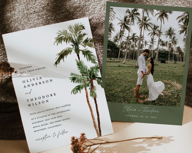 Palm Tree Wedding Invitation Template Set, Destination Beach Tropical Wedding Invite Suite, Boho Sage Details Card, Printable RSVP, Download image 3
