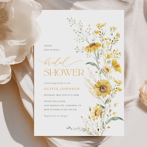 Sunflower Bridal Shower Invitation Template, Boho Wildflower Shower Invites, Printable Editable Sage Yellow Floral Shower, Instant Download image 1