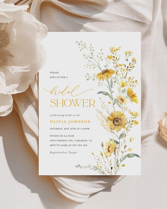 Sunflower Bridal Shower Invitation Template, Boho Wildflower Shower Invites, Printable Editable Sage Yellow Floral Shower, Instant Download