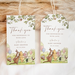 Winnie The Pooh Gracias Favores Etiquetas Plantilla Baby Shower Etiqueta Editable, Etiquetas Imprimibles Classic Pooh Neutral Baby Shower, Descarga Instantánea