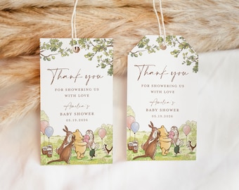 Winnie The Pooh Thank You Favors Tags Template Baby Shower Editable Tag, Classic Pooh Neutral Baby Shower Printable Tags, Instant Download