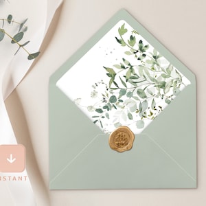 Sage Greenery Umschlag Liner Vorlage, Boho A6 und A7 Euro Klappe & quadratische Klappe Hochzeit Umschlag Liner, Printable DIY, Instant Download