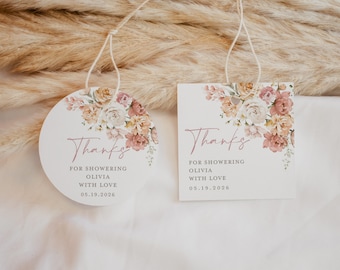 Thank You Favor Tag Template, Bridal Shower Dusty Rose Editable Tag, Printable Boho Blush Pink Floral Round Circle Square Tags, Download