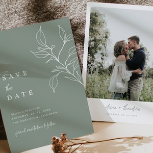 Salbei Grün Save The Date Vorlage, Minimalistische Foto Hochzeit Save The Dates, Eukalyptus Elegante Moderne Grüne Save The Date Karten