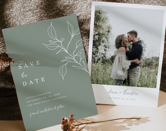 Sage Green Save The Date Template, Minimalist Photo Wedding Save The Dates,  Eucalyptus Elegant Modern Greenery Save The Date Cards