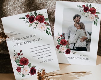 Burgundy Blush Minimalist Wedding Invitation Template, Maroon Pink Elegant Invite, Marsala Floral Editable Invitation, Red Printable Invite