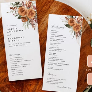 Modèle de programmes de mariage bohème, programme de cérémonie en terre cuite, itinéraire floral élégant moderne rose orange brûlé, imprimable, téléchargement immédiat