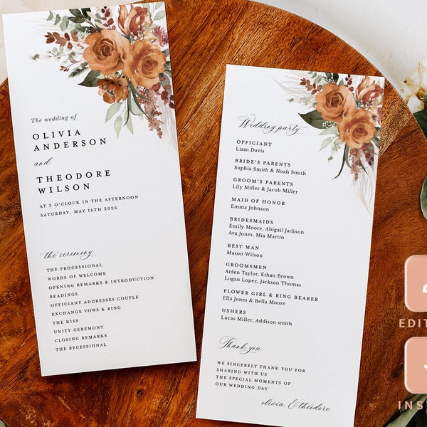 Boho Wedding Programs Template, Terracotta Ceremony Program, Floral Elegant Modern Burnt Orange Rose Itinerary, Printable, Instant Download