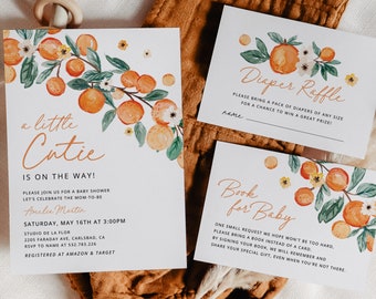 A little Cutie Is On The Way Baby Shower Invitation Bundle, Citrus Baby Shower Template, Editable Orange Blossom Invites, Digital Download