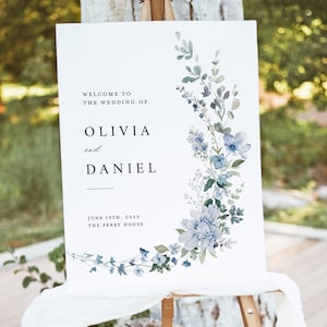 Dusty Blue Wedding Welcome Sign Template, Boho Wildflower Light Blue Reception Decor Sign, Printable Floral Modern Elegant Large Signage