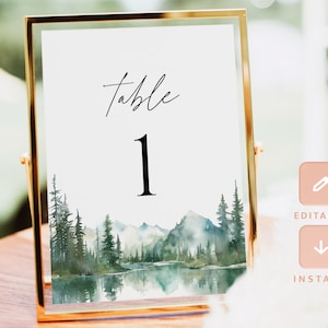 Modello di biglietto per numero di tavolo da matrimonio sul lago di montagna, numeri di tavolo per foresta boschiva, carte per numero di tavolo stampabili fai da te in salvia di pino rustico, download