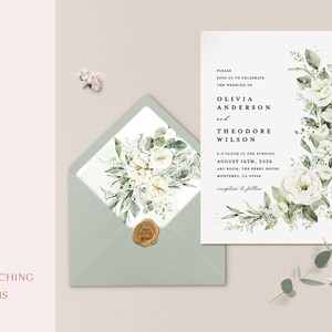 White Floral Wedding Invitation Template, Sage Green Boho Wedding Invitation Suite, Elegant Greenery Flower Minimal Printable Invite Set image 13