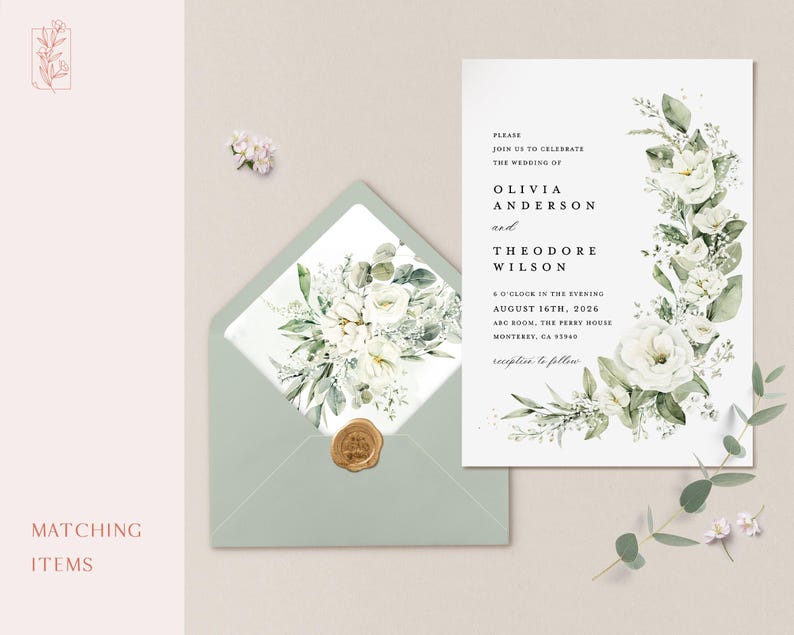 White Floral Wedding Invitation Template, Sage Green Boho Wedding Invitation Suite, Elegant Greenery Flower Minimal Printable Invite Set image 13