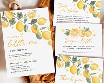 A Sweet Little One Lemon Baby Shower Invitation Set Template, Citrus Baby Shower Bundle, Printable Editable Yellow Blossom Invites, Download