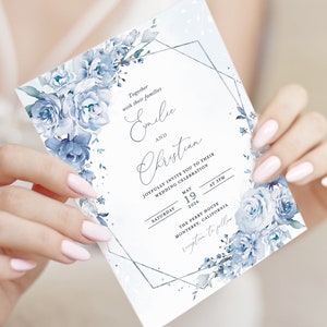 Modello di invito a nozze floreale blu polveroso, biglietto d'invito a nozze geometrico argento, inviti stampabili eleganti Boho blu acciaio, download