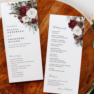 Modèle de programmes de mariage d'hiver, programme de la cérémonie de Noël, itinéraire imprimable bourgogne floral bohème rustique pin rose, téléchargement